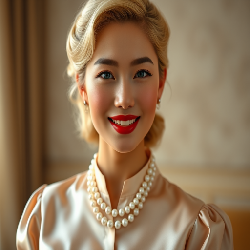 A beautiful Taiwanese woman reminiscent of 1950s Hollywood glamour, with perfectly styled blonde hair and a seductive smile, dressed in a satin blouse and adorned with pearls, soft and warm tones, photorealistic, 8K