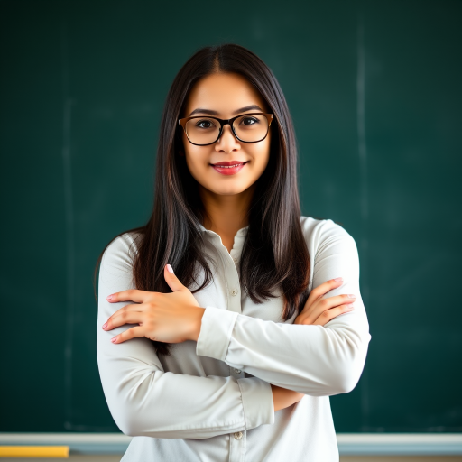 Portrait of a confident woman with long dark hair wearing glasses, standing with arms crossed in front of a chalkboard, natural light, aperture f/2.8, shutter speed 1/125 sec, ISO 200, 85mm lens, captured with a mirrorless camera.