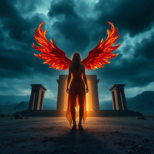 Regenerate an image of a mystical scene featuring a woman with fiery wings standing before a glowing portal, surrounded by an ancient temple in an eerie landscape under a stormy sky, captured with a Canon EOS R5, 24mm focal length, f/8 aperture, ISO 100, using a dramatic low-angle view and soft lighting to enrich the depth and contrast.