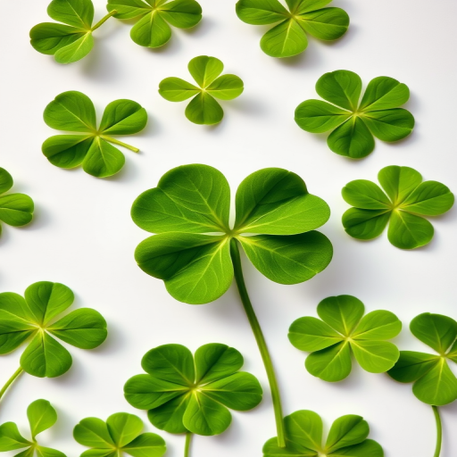 Create a high-resolution image of a four-leaf clover on a white background, using a DSLR camera with a 50mm lens, aperture set to f/2.8, ISO 100, shot from a top-down view with natural lighting to enhance the details and colors.