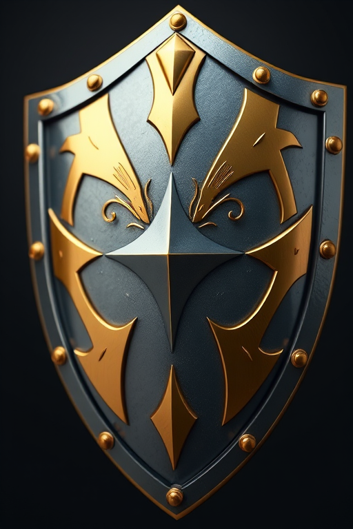 create a highly detailed 3D rendering of a metallic shield with gold accents, camera settings: f-stop 2.8, ISO 100, shutter speed 1/250, camera view: close-up perspective, camera style: high dynamic range, camera type: digital SLR
