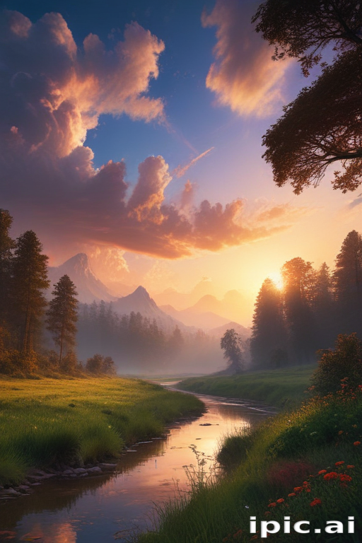Tranquil Sunset Over Majestic Mountains and Serene River Landscape