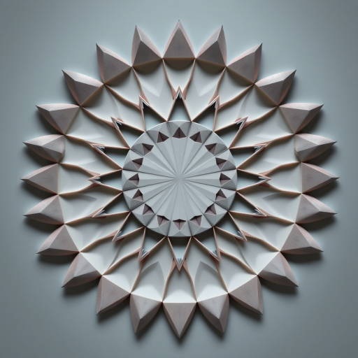 generate an image of a circular pattern made up of evenly spaced triangular shapes, using a DSLR camera with a 50mm lens at f/2.8, 1/200s shutter speed, ISO 100, top-down view with soft lighting for enhanced contrast and detail