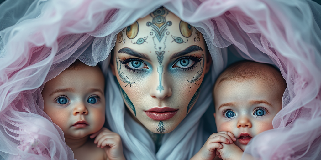 Create a surreal portrait of a woman with intricate facial features and unique patterns, framed by ethereal fabrics resembling jellyfish, with two serene babies gazing at the viewer; camera settings: f/1.4, ISO 100, shutter speed 1/200s; camera view: close-up; camera style: portrait; camera type: DSLR.