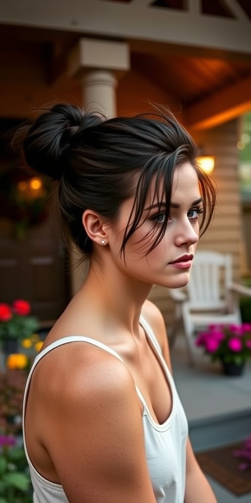 A photo of Kristen Stewart with a background of a cozy porch. She has dark hair pulled back in an updo, with tendrils framing her face. She wears a white tank top and sits on the porch. The porch is part of a well-lit home with a warm, earthy tone and colorful flowers and foliage. The overall scene has a warm, welcoming, and comfortable ambiance.