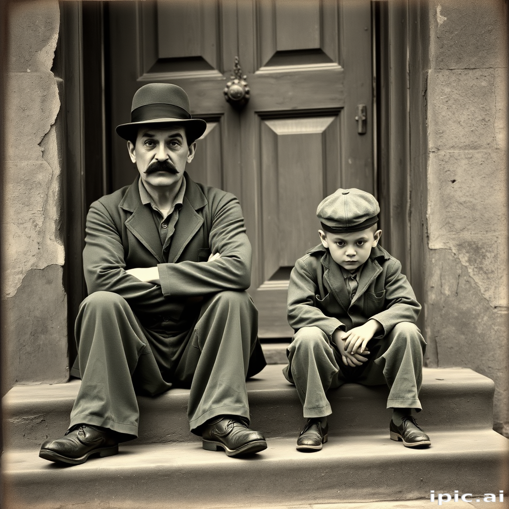A black-and-white photograph of a man and a child sitting on steps in front of a doorway. The man is dressed as a tramp with a bowler hat, mustache, and ragged clothes, reminiscent of Charlie Chaplin's iconic look. He is sitting with his arms crossed and an expression of slight sadness or frustration. Next to him is a young boy, also in worn clothes and a cap, sitting with his hands clasped, looking thoughtful. The background is an old, textured wall and a partially open door, creating a vintage, early 20th-century atmosphere.