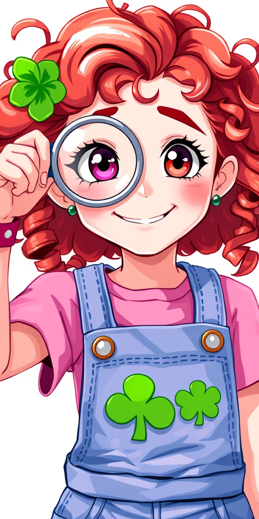 Create a vibrant illustration of a cheerful girl with curly red hair, holding a magnifying glass up to her eye, wearing a pink shirt and denim overalls with a green shamrock, captured in a close-up view, using a digital art style, with high resolution and bright colors.