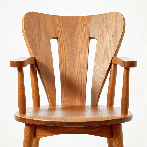 regenerate an image of a wooden chair with a unique design, focus on the texture and grain of the wood, shot with a Canon EOS R5, 50mm lens, f/2.8 aperture, ISO 100, 1/200 sec shutter speed, soft natural lighting, studio background for enhanced clarity and detail