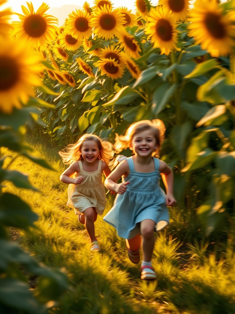 Blurry action shot of children running through a sunflower field, the flowers towering above them, golden light from the setting sun casting long shadows, and the sound of joyful laughter.