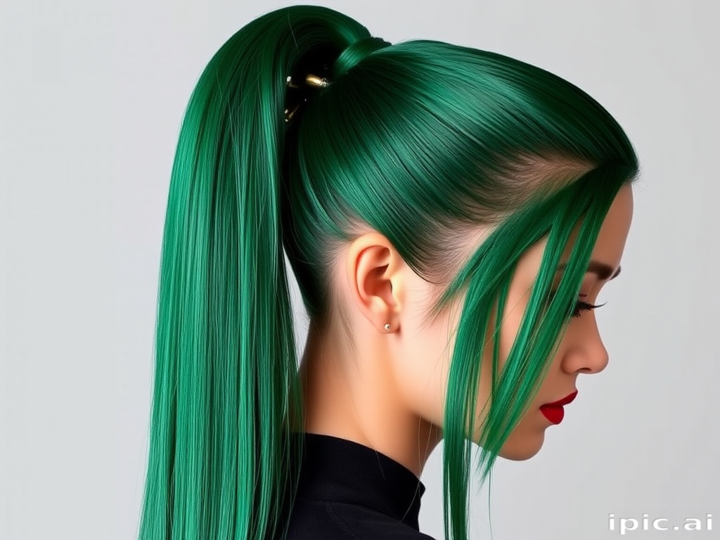 Glossy emerald green straight hair styled in a sleek high ponytail with metallic gold accents, exuding elegance and sophistication named Jade Empress