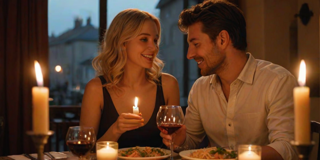 Warmly lit image of a couple sharing a candlelit dinner in a cozy restaurant, soft glow from the candles casting warm shadows on their faces, the smell of pasta and wine filling the air.