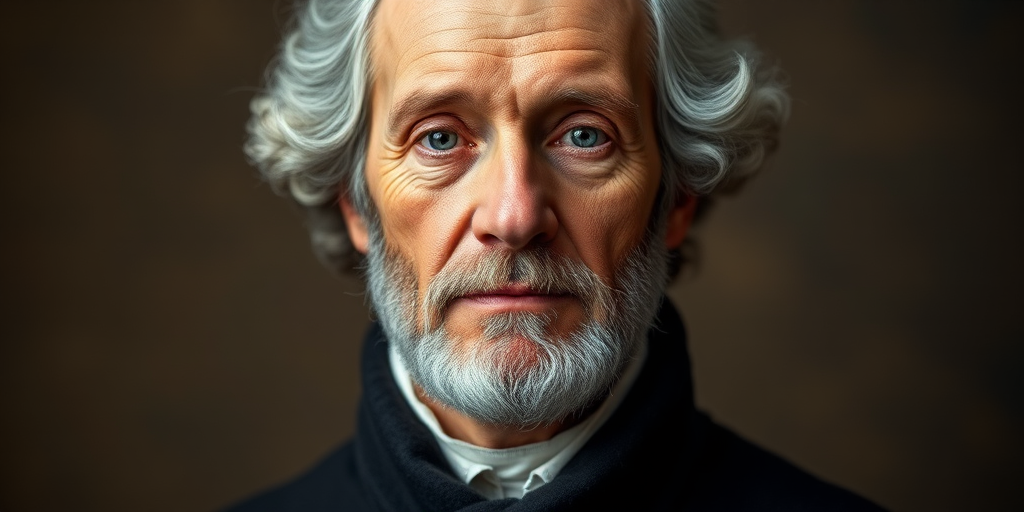 Create a high-resolution portrait of a historical figure with a subtle gradient background, focusing on a detailed yet soft face, using a DSLR camera at 50mm, f/1.8 aperture, ISO 200, natural lighting, portrait mode.