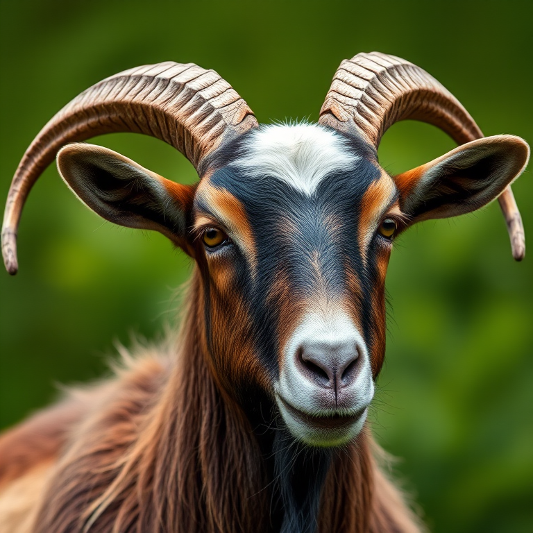 Create a detailed portrait of a majestic goat with long, curved horns and a thick, shaggy coat, captured in soft, diffused natural light, using a DSLR camera with a 85mm lens at f/1.8, ISO 100, 1/200 sec shutter speed, shallow depth of field, and a blurred green background for enhanced focus on the subject.