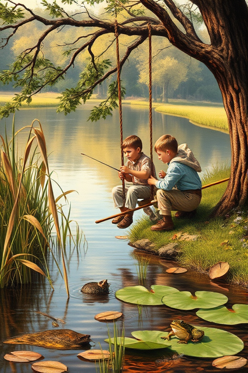 Imagine a small group of old fashioned young boys out fishing by the creek, a swing hanging from a tree branch, reeds and grasses by the water's edge, a frog sitting on a lily pad, dragonflies hovering over som water plans, a very iconic old fashioned scene reminiscent of a Norman Rockwell painting style