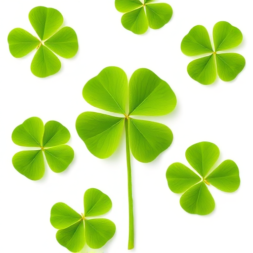 Create a high-resolution image of a vibrant green four-leaf clover isolated on a white background, using a Canon EOS R5 camera, with a 50mm lens, aperture set to f/2.8, and natural soft lighting to enhance color saturation and detail.