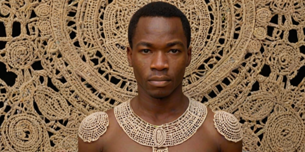 Face, shoulders, chest covered in openwork Igbo embroidery. Raw, unedited image.
