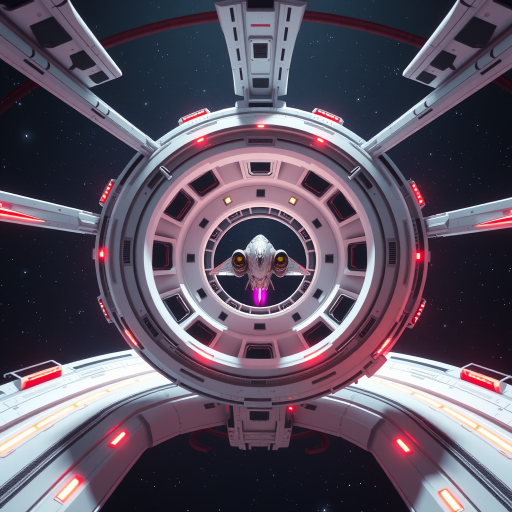 Create a high-resolution 3D rendering of a futuristic space station, featuring a circular rotation design and a spaceship entering through a central opening, with a starry background, captured using a DSLR camera at f/8 aperture, ISO 100, 1/125 sec shutter speed, wide-angle lens, and a dynamic view from slightly below the axis of the station.