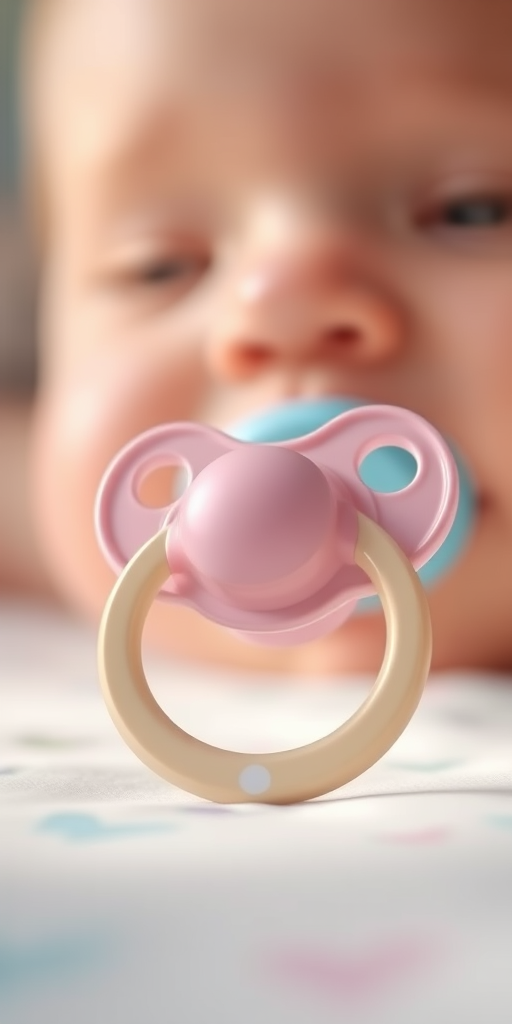 Create a high-resolution digital illustration of a pacifier with a smooth and glossy finish, shot with a Canon EOS R5 at f/4, 1/200s, ISO 100, in a soft-focus background with natural lighting for a vibrant look.