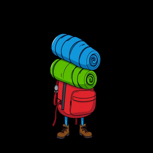 create an illustration of a cartoonish red backpack with blue and green rolled sleeping bags on top, featuring legs and brown shoes, set against a plain black background, captured with a digital camera using a 50mm lens, f/1.8 aperture, ISO 100, and a high dynamic range style to enhance color vibrancy and detail