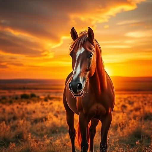 Regenerate the image of a majestic horse in a dramatic sunset landscape, use a Canon EOS R5 with a 50mm lens, aperture set to f/1.8, ISO 200, and 1/200 sec shutter speed for enhanced clarity and depth.