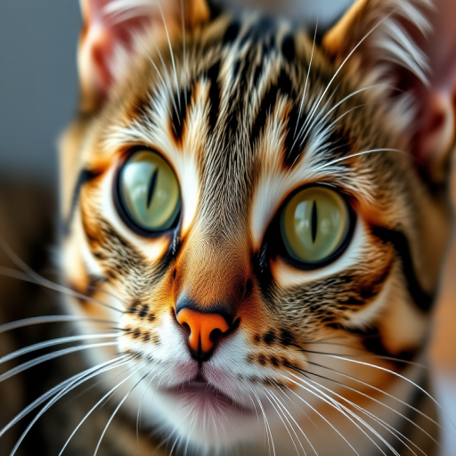 High-resolution close-up photograph of a tabby cat with vivid green eyes and a playful expression, f/2.8, 1/250s, ISO 100, macro lens, natural lighting, DSLR camera.
