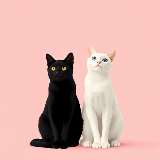 Create a minimalist illustration of a black cat and a white cat sitting side by side on a soft pink background, using a Canon EOS R5 with a 50mm f/1.2 lens, aperture set to f/2.8, shutter speed 1/200 sec, and ISO 100 for optimal image clarity and softness.