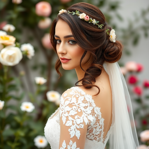 Garden scene, bridal model, delicate lace gown, floral headpiece, soft romantic focus, high-key lighting and an 85mm lens for soft, even tones that highlight the model’s face and bright outfit against a white or light background