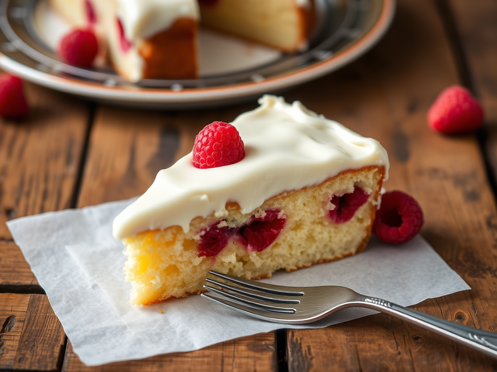 A slice of moist vanilla cake with raspberry filling and creamy white frosting on a rustic wooden table with a fork resting beside it