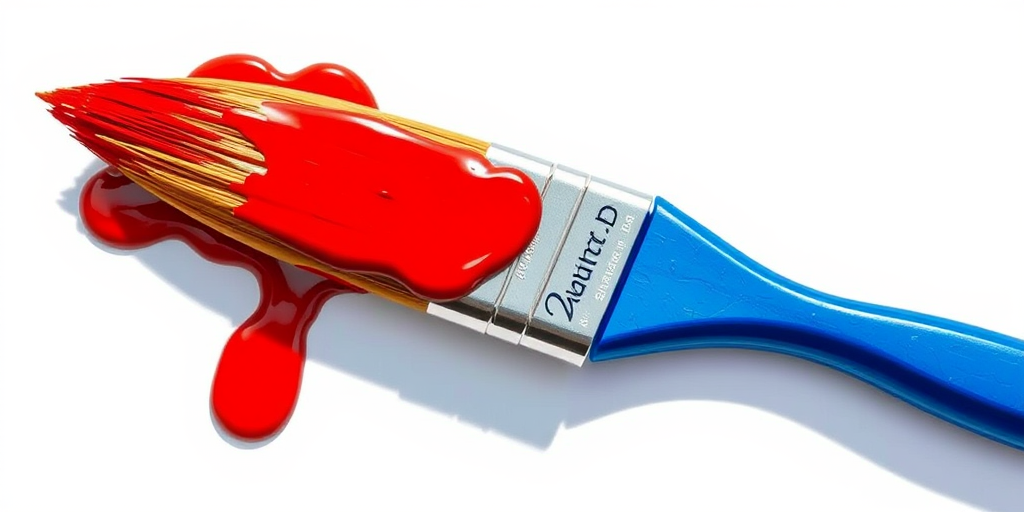 Create a highly detailed illustration of a paintbrush with a blue handle and red paint spilling from its bristles, using a DSLR camera with a 50mm lens, f/2.8 aperture, ISO 100, shot from a top-down angle in natural light to enhance color vibrancy and sharpness.
