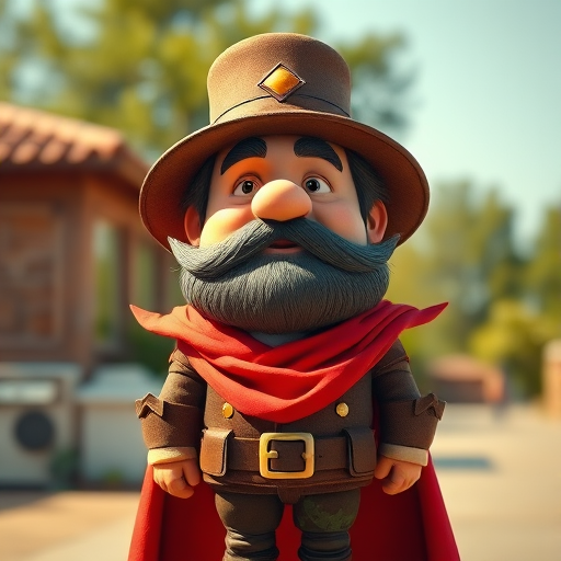 Create a cartoon character in a vintage style resembling a large man wearing a red cape and a hat, front view, captured with a DSLR camera at f/2.8 aperture, 50mm lens, natural lighting, vibrant colors.