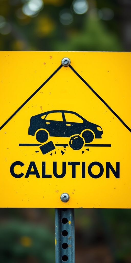 Create a high-resolution image of a caution sign depicting a car and debris with a bright yellow background, using a DSLR camera with a 50mm lens, aperture set to f/8, ISO 100, and a soft focus effect to enhance clarity and detail.