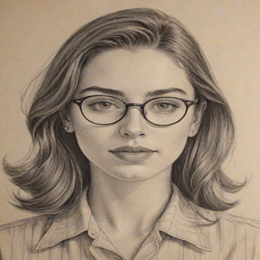 Stunning Alana Haim, pencil sketch, portrait of Charming woman 1947s in glasses, hair style beatnik, outline, clear lines, fine lines, 8k