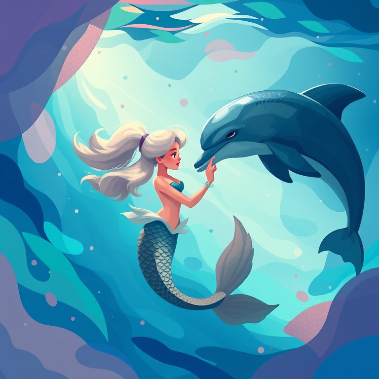 Create a digital illustration of a mermaid interacting with a dolphin in an abstract underwater scene using a vibrant color palette, focus on flowing shapes and layers with soft gradients, camera settings: ISO 100, aperture f/8, shutter speed 1/200s, camera view: close-up, camera style: high contrast, camera type: digital illustration.
