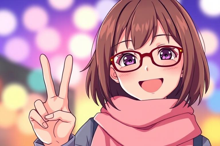 Create a vibrant illustration of a cheerful anime girl with shoulder-length brown hair, wearing glasses and a pink scarf, in a smiling pose with a peace sign, using a Canon EOS R5 camera with a 50mm lens, f/1.8 aperture, ISO 100, shot in portrait view and a soft focus background for enhanced depth and quality.