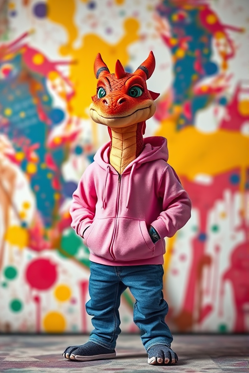 A vibrant dragon character in a pink hoodie and jeans stands confidently against a colorful, abstract splatter background, captured with a DSLR camera, 35mm lens, f/2.8 aperture, ISO 100, low-angle view, shallow depth of field for a sharp subject and blurred background.