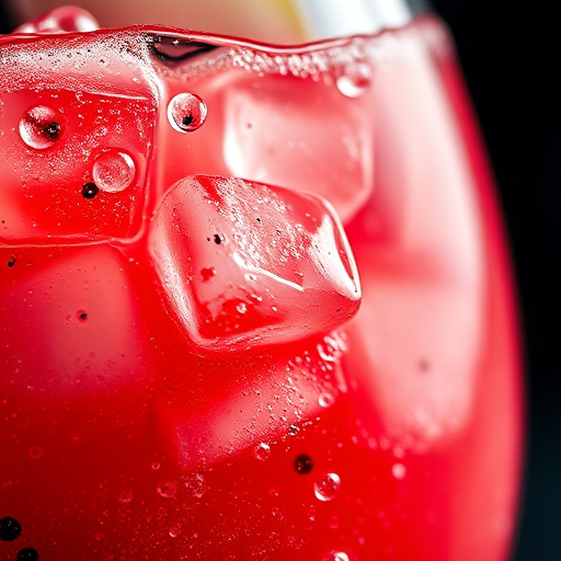 close-up of a refreshing watermelon drink with ice cubes and bubbles, shallow depth of field, 50mm lens, f/1.8 aperture, ISO 100, soft lighting, studio photography, high resolution