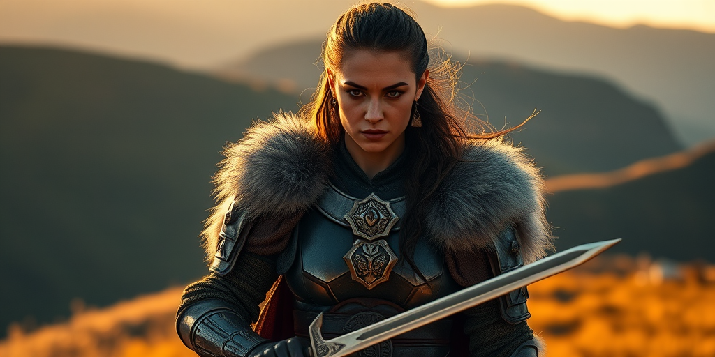 A fierce warrior woman in a stunning landscape, wearing detailed armor with fur accents, holding a sword, golden hour lighting, shot with a Canon EOS 5D Mark IV, 85mm lens, f/2.8 aperture, ISO 100, HDR imaging, high-resolution, with a shallow depth of field for a dramatic effect.