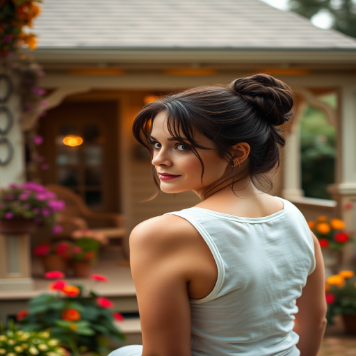 A photo of Helena Bonham Carter with a background of a cozy porch. She has dark hair pulled back in an updo, with tendrils framing her face. She wears a white tank top and sits on the porch. The porch is part of a well-lit home with a warm, earthy tone and colorful flowers and foliage. The overall scene has a warm, welcoming, and comfortable ambiance.