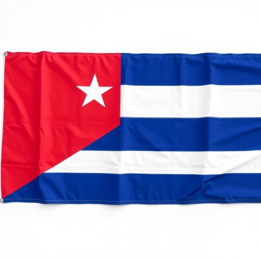 Generate an image of the Cuban flag featuring a red triangle with a white star, three horizontal blue stripes, and two white stripes in a high-definition format, using a DSLR camera set to ISO 100, aperture f/8, and a shutter speed of 1/125s, capturing a flat lay perspective with natural lighting.