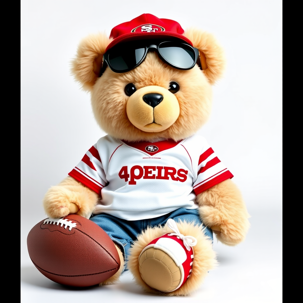 A cute and fluffy teddy bear dressed in a San Francisco 49ers-themed outfit, wearing a red cap with the 49ers logo, aviator sunglasses, and a white football jersey with red accents. The bear is also wearing casual jeans and red and white sneakers, while sitting in a relaxed pose with a football beside it. The teddy bear has a cool, laid-back attitude, with a sporty vibe. The background is clean and minimal, highlighting the bear as the main focus.