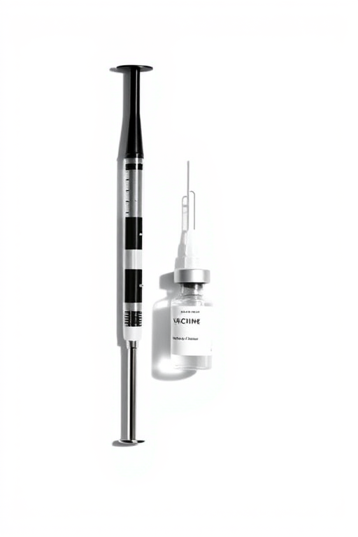 Create a high-resolution image of a black silhouette of a syringe next to a vaccine vial on a white background, shot with a DSLR camera at f/4.0 aperture, ISO 100, 50mm lens, and in a flat lay style for enhanced clarity and detail.