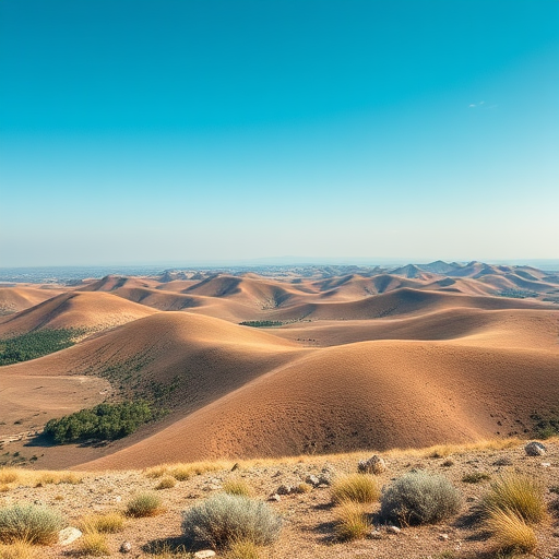 Create a high-definition image of a serene landscape with rolling hills under a bright blue sky, using a DSLR camera with a 24mm lens, aperture set to f/8, ISO 100, and a 1/125 second shutter speed, shot from an eye-level perspective to capture a wide view of the scenery.