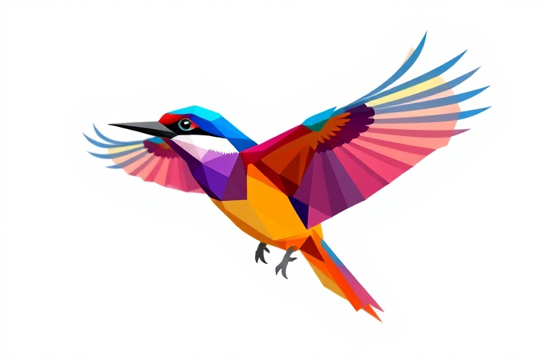 A vibrant and colorful geometric bird illustration with elongated wings and a sharp beak, captured in a high-resolution format, using a DSLR camera, 50mm lens, f/2.8 aperture, ISO 100, natural light, and a shallow depth of field for enhanced details.