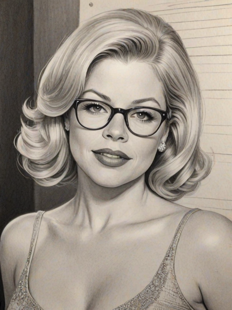 Enticing Megan Hilty, pencil sketch, portrait of Beauteous woman 1950s in glasses, hair style beatnik, outline, clear lines, fine lines, 8k