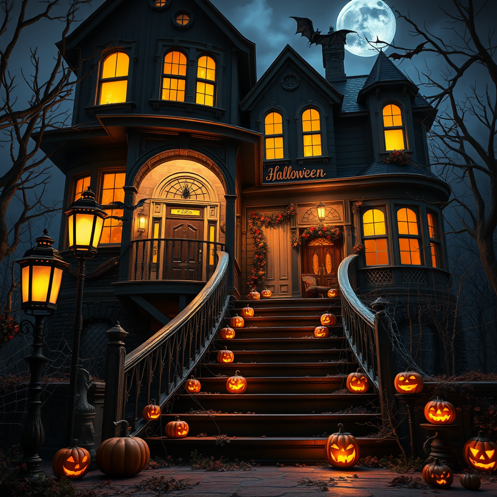 airbrushed oil painting, halloween theme, a haunted house, stairs, highly decorated, illuminated, lanterns, jack o'lantern, bats, webcobs