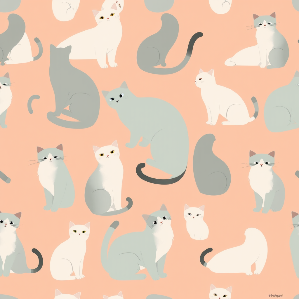 create a seamless pattern featuring soft, abstract shapes of cats in various poses, with a pastel peach background, using a digital art style, captured with a high-resolution camera at f/2.8 aperture, 50mm lens, and a shallow depth of field for a dreamy effect