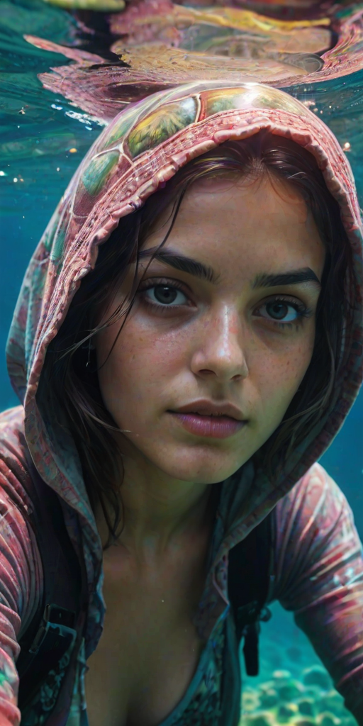 Realistic selfie image of a Romani, wearing a vintage outfit, detailed dreamy eyes, droopy hooded eyes, staring at the camera, taken underwater at coral reef with a sunbeam filtering through the water, vibrant, summer vacation, natural lighting, turtle and school of tropical fish with vibrant colors, rendered in the style of CryEngine, Pegi Nicol MacLeod, with realistic genre scenes, hauntingly beautiful narratives, ultra-realism, and Thomas Saliot's close-up technique, 8K resolution, crystal clear and sparkling water.