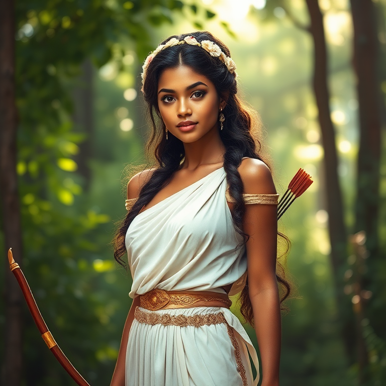 Create a portrait of a goddess-like Indo-Caribbean girl figure in a tranquil, forested environment. She has an elegant appearance with long, wavy hair styled in an updo and adorned with a delicate, floral headband. She wears a flowing, ancient Greek-inspired gown in a soft, pale color, featuring a one-shoulder design and draped fabric that accentuates her graceful form. The outfit includes a decorative belt with ornate gold detailing, and she holds a bow in her hand, with a quiver of arrows slung over her shoulder. The background depicts lush greenery, with sunlight filtering through the trees, casting a gentle, ethereal light on the scene. Her expression is calm and contemplative, embodying a sense of wisdom and serenity.