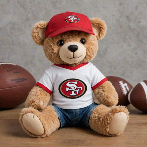 A cute and fluffy teddy bear dressed in a San Francisco 49ers-themed outfit, wearing a red cap with the 49ers logo, aviator sunglasses, and a white football jersey with red accents. The bear is also wearing casual jeans and red and white sneakers, while sitting in a relaxed pose with a football beside it. The teddy bear has a cool, laid-back attitude, with a sporty vibe. The background is clean and minimal, highlighting the bear as the main focus.