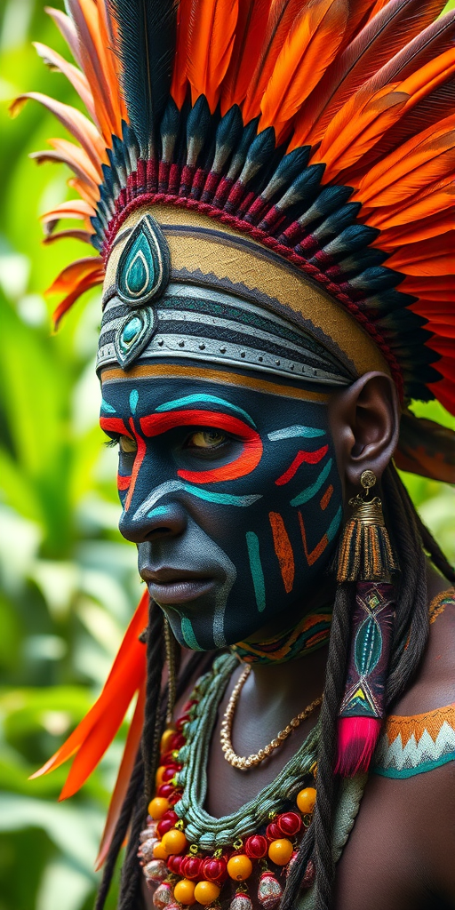 Create a vivid portrait of a tribal warrior with intricate face paint and elaborate feathered headdress, capturing the vibrant colors and textures against a lush jungle backdrop, use a Canon EOS R5 with a 85mm f/1.2 lens, set ISO 100, aperture f/2.8, shutter speed 1/250s, high dynamic range, natural lighting, shallow depth of field.